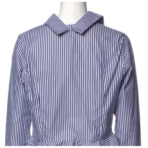 DESIGNER OVELIA TRANSTOTO BLUE/WHITE STRIPED COLLAR BUTTOM-UP LONG SLEEVE BLOUSE - Picture 8 of 9